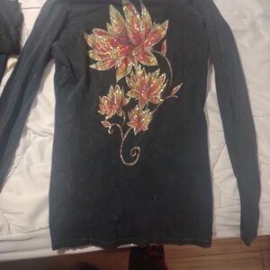 Elegant Black Floral Embellished Long Sleeve Top